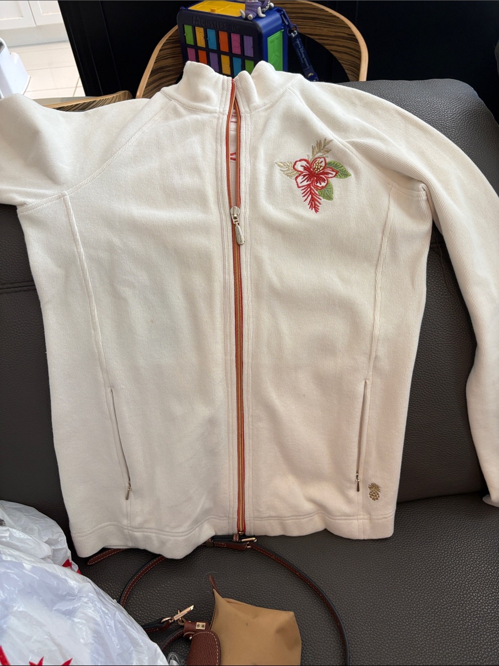 Tommy Bahama Women's Cream Full-Zip Fleece Jacket with Floral Embroidery Size XS